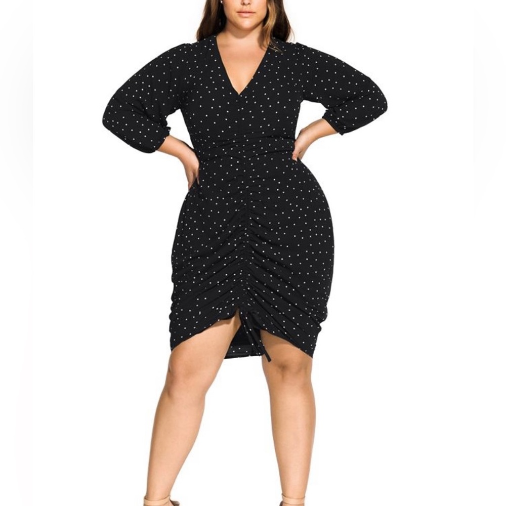 City Chic Black and White Polka Dot Ruched Long Sleeve Dress